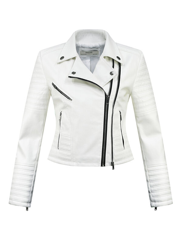 Mode baru wanita musim gugur musim dingin jaket kulit tiruan wanita jaket lengan panjang pengendara sepeda motor putih PU Punk Streetwear mantel hitam