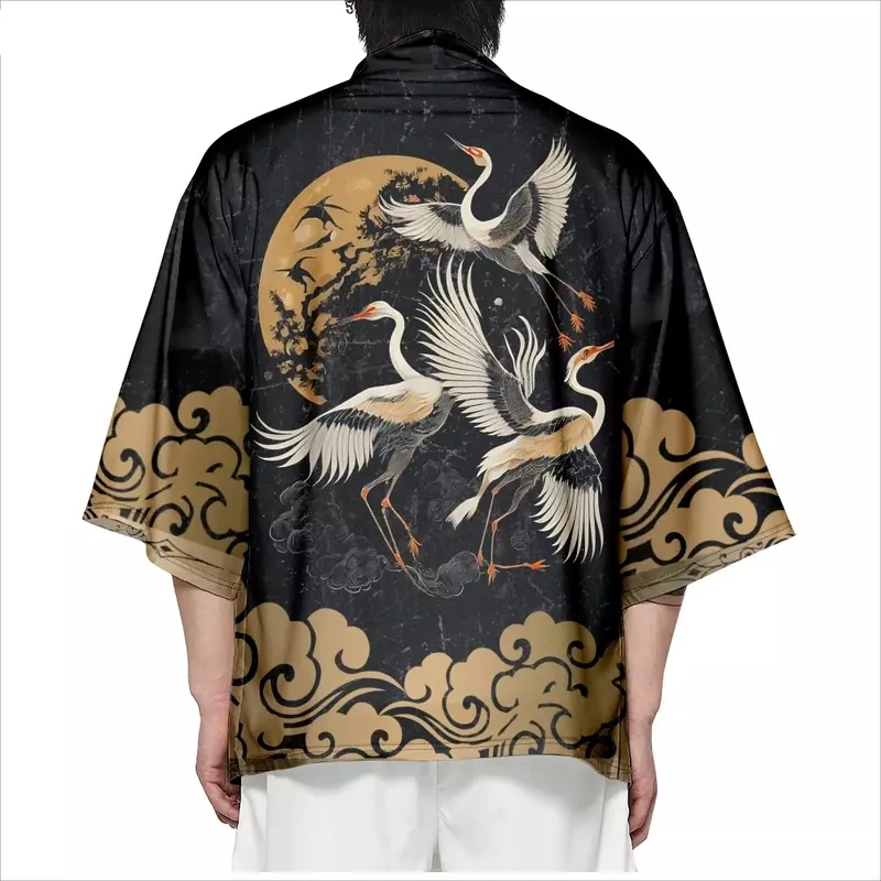 Japanese Style Cosplay Shirt 3D Crane Print for Men and Women Traditional Samurai Kimono Haori Japanese Beach Yukata