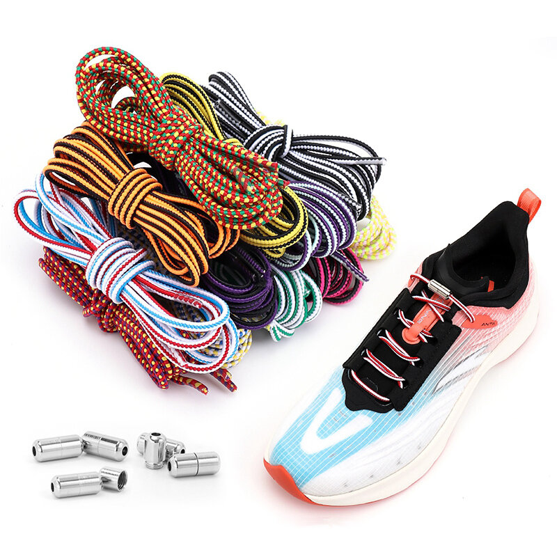 Cadarços Elásticos sem Laços para Sneakers, Stripe Round Shoe Laces, Metal Lock, Lazy Shoes Lace Acessórios, Elástico