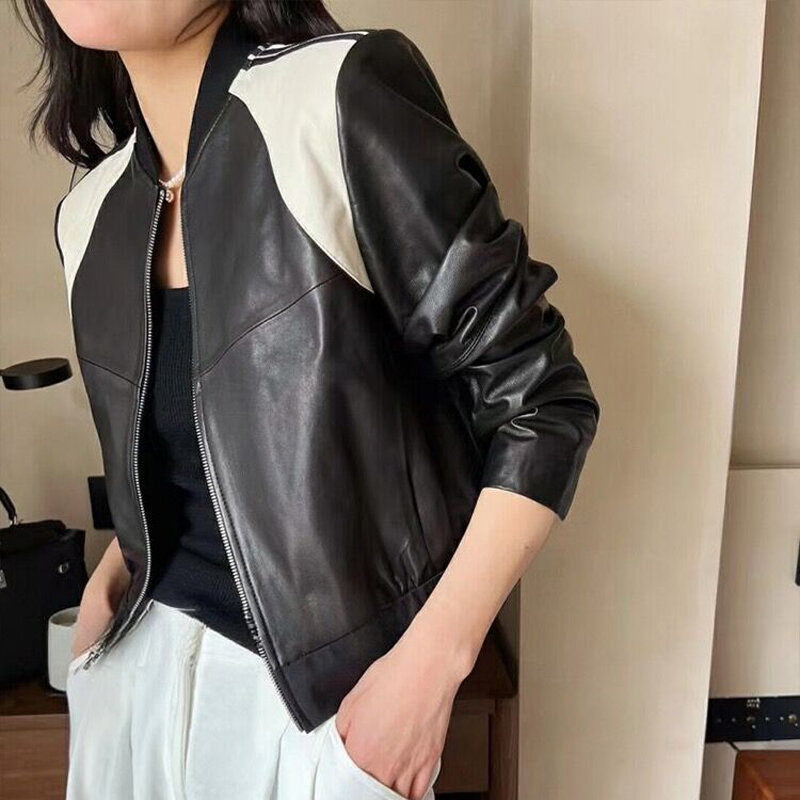 Женская бейсбольная куртка из натуральной кожи, черная короткая куртка с круглым вырезом, Блейзер, уличная одежда, весна 2023