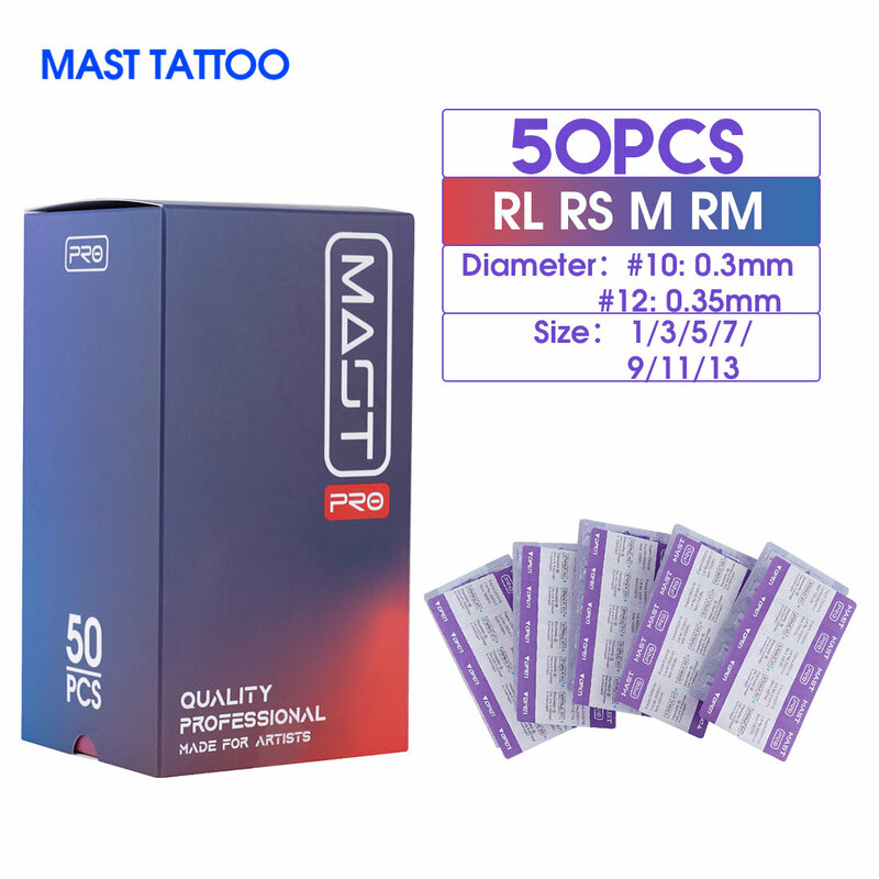 50 sztuk/pudło mieszanych rozmiarów RL/RS/RM/M sterylizowanych masztów do tatuażu PRO nabój igieł na stałe do maszynka do tatuażu 0.3mm/0.35mm