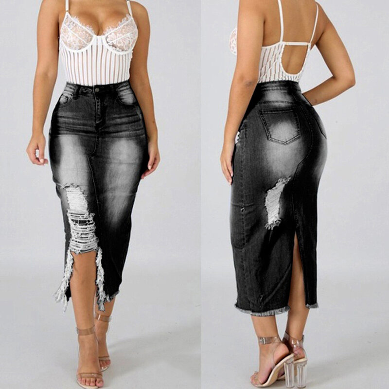 Damesmode Hoge Taille Gescheurde Vernielde Bodycon Streetstyle Split Denim Distressed Jeans Bodycon Lange Rok Groothandel