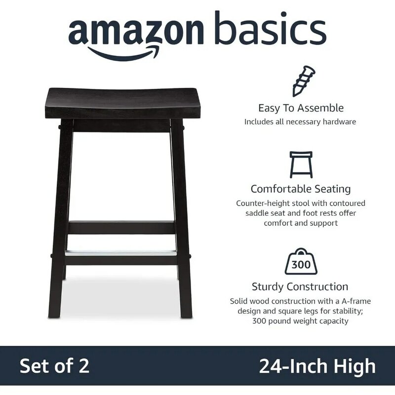 Solid Wood Saddle-Seat Kitchen Counter-Height Stool, 24-Inch Height, Black - Set of 2
