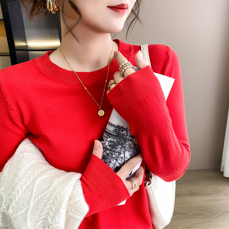 Sweater Pullover rajut wanita, Sweater kasual lengan panjang warna Solid leher bulat tipis liar musim gugur 2023