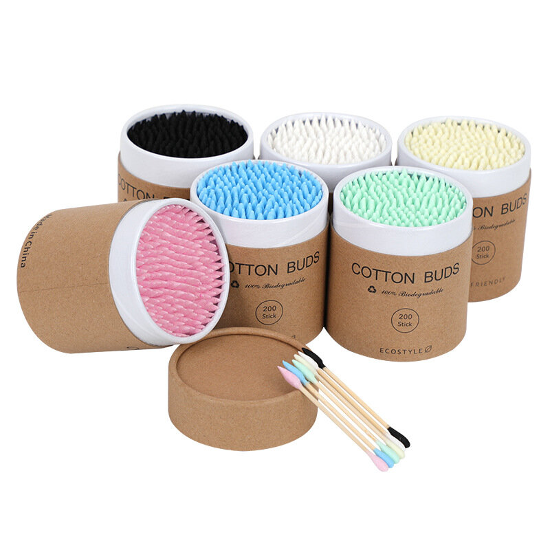 200PCS/Box Colorful Disposable Double Head Cotton Swab Bamboo Sticks Cotton Swab Buds Cotton For Makeup Nose Ears Cleaning 2#