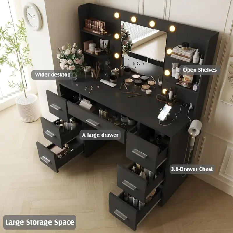 Bedroom Furniture Luxury Makeup Table With 7 Drawers Woman Dressing Table Set With Mirror Power Outlet and 10 Lights Black Home