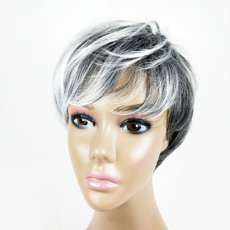New Wig Fashionable Short Straight Hair Black and White Dyed Mixed Color Synthetic Fiber Short Hair Wig for Women