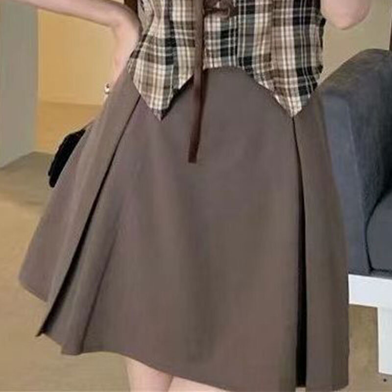 Elegancka moda Harajuku Slim Fit ubrania damskie zestawy luźne Casual All Match Patchwork z krótkim rękawem Blusa-line krótka spódniczka