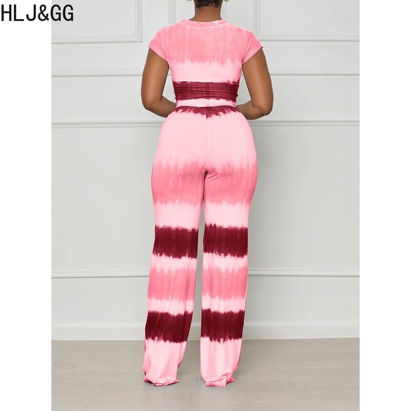 HLJ&GG Fashion Gradient Printing Wide Leg Pants Two Piece Sets Women Round Neck Short Sleeve Bandage Top And Pants Outfits 2024
