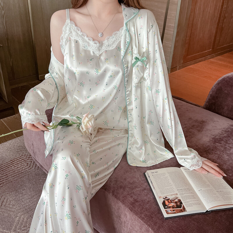 Осенняя женская пижама из искусственного шелка из трех частей длинные брюки подтяжки с Длинным Рукавом Кружевная пикантная Домашняя одежда с оборками