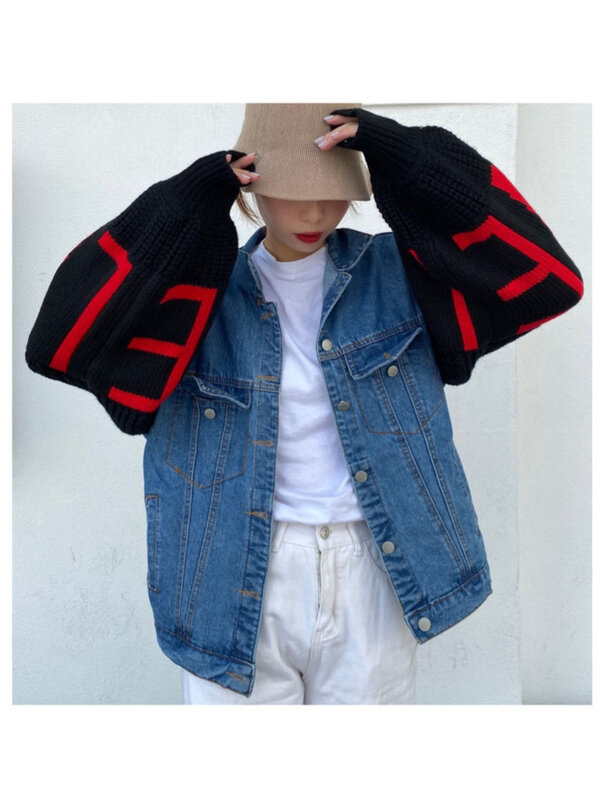 2022 new jeans stitched knit sleeve jacket foreign style fashion European style new heavy industry embroidered