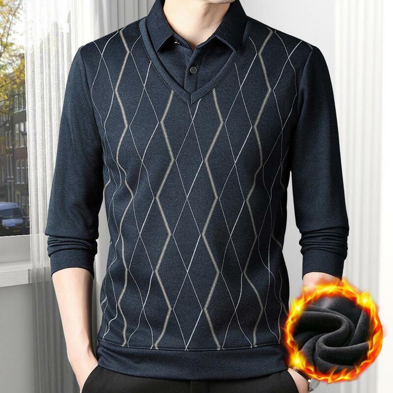 Rhombus Print Sweater Men's Rhombus Print Fake Two-piece Sweater Warm Knitted Pullover for Fall Winter Slim Fit for Mid-aged