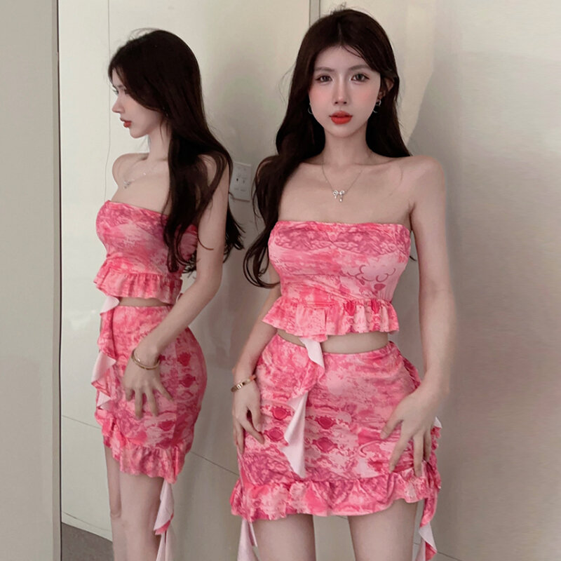 Women Sexy Elegant 2 Piece Skirt Sets Summer Clothes Sleeveless Off Shoulder Mesh Bandeau Pink Mini Skirt Set Sexy Club