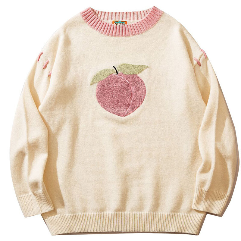 Men Japanese Harajuku Knit Sweater Causal Cute Cartoon Peach Embroidery Letter Pullover Loosed Fashion O-neck Couple Full Jumper