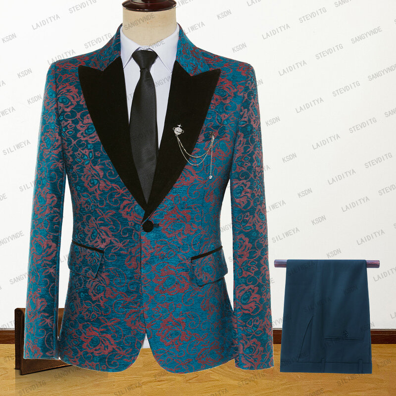 2023 New Fashion Men's Suits Blue Red Jacquard Slim Fit Velvet Peak Lapel Business Banquet 2 Pieces Set Plus Size Jacket+Pants