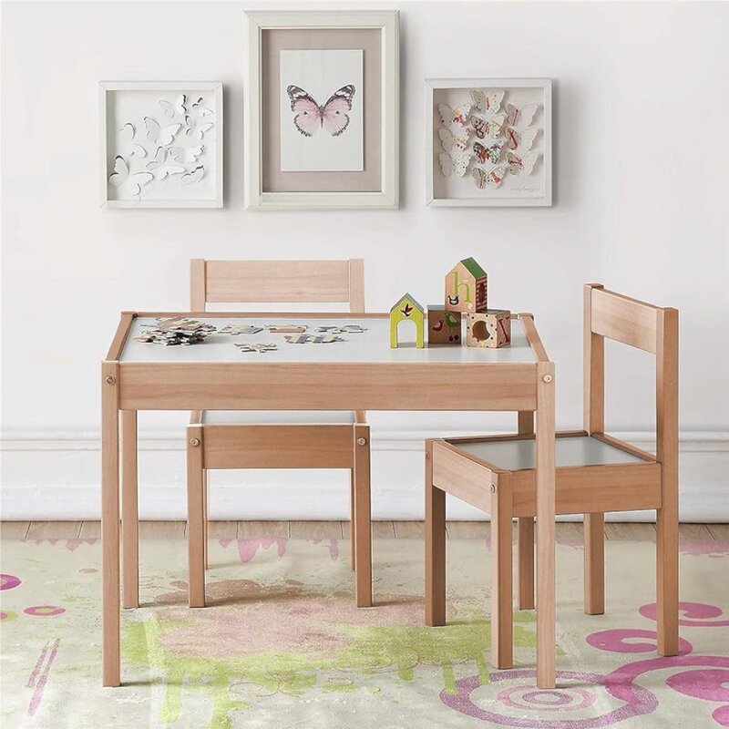 โต๊ะและเก้าอี้เด็ก3ชิ้นชุดเฟอร์นิเจอร์สำหรับเด็กโต๊ะและเก้าอี้เด็กสีธรรมชาติ/สีขาว