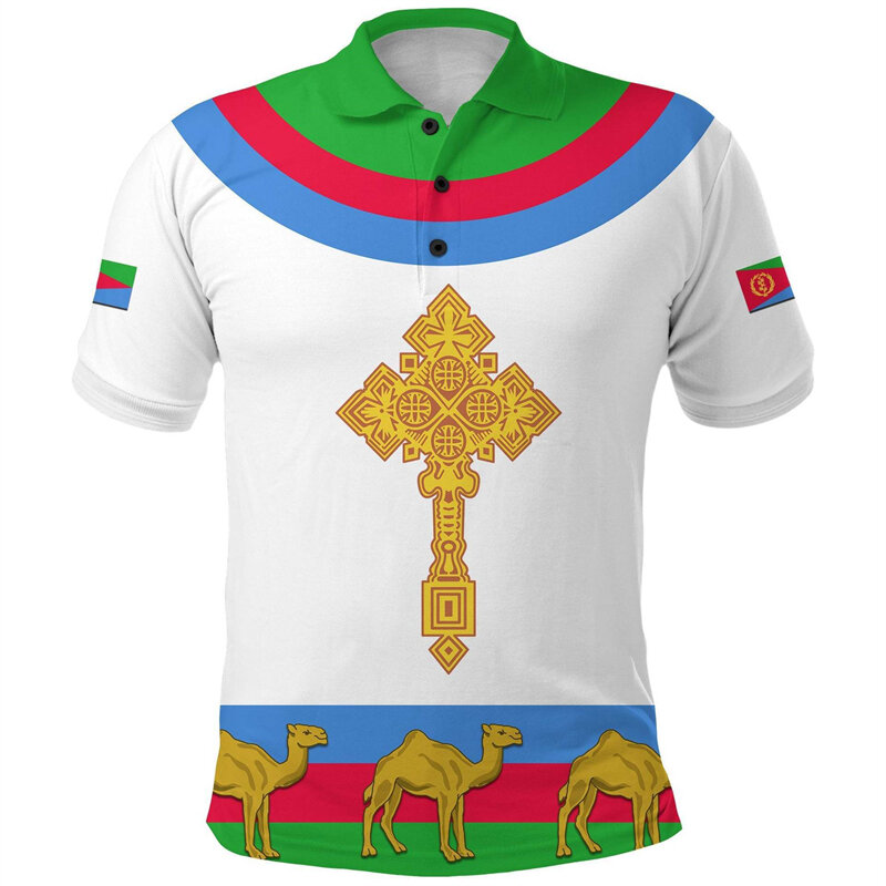 Eritreia camisa polo de manga curta em 3D, casual street wear, tops 3D, roupas masculinas, camiseta mais nova