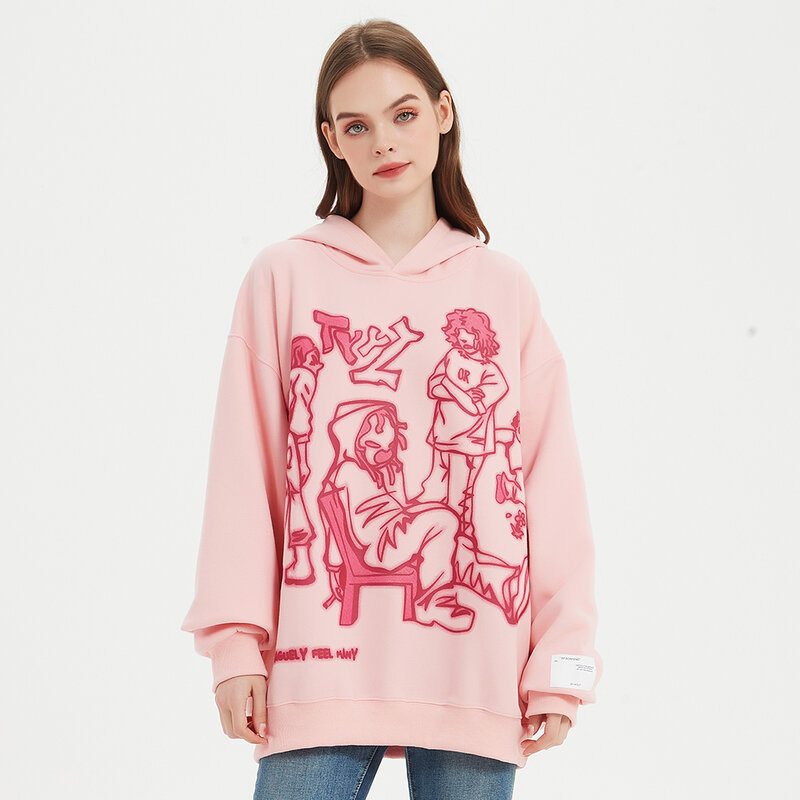 Padrão engraçado dos desenhos animados das mulheres moletom com capuz, vestido de rua, pulôver rosa, roupas Harajuku, outono
