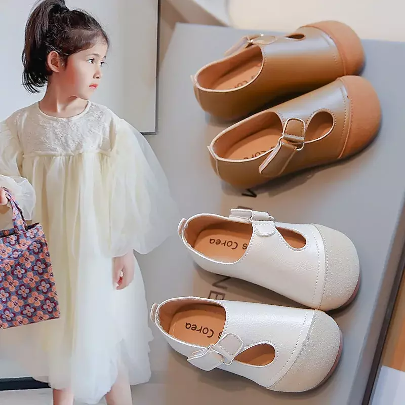 Sapato de couro infantil princesa, fundo macio, sapatilha respirável, vestido estilo sul-coreano, moda casual para meninas, primavera, 2024