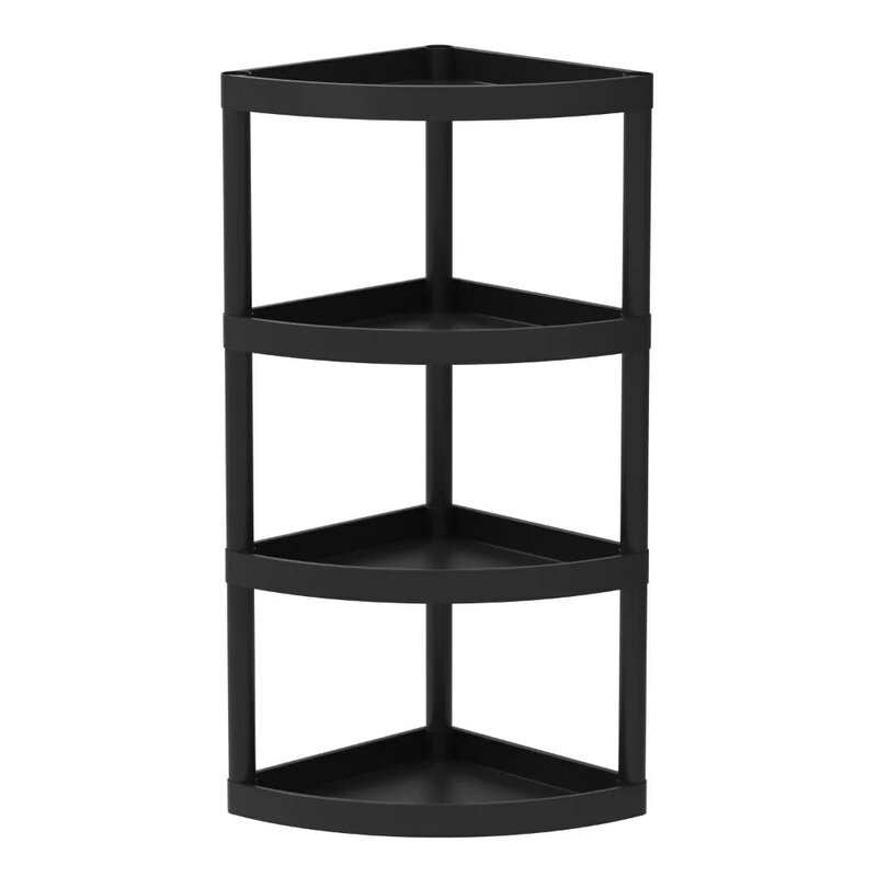 4 Tier Plastic Storage Corner Shelf, 20 lb per Shelf Capacity, Black