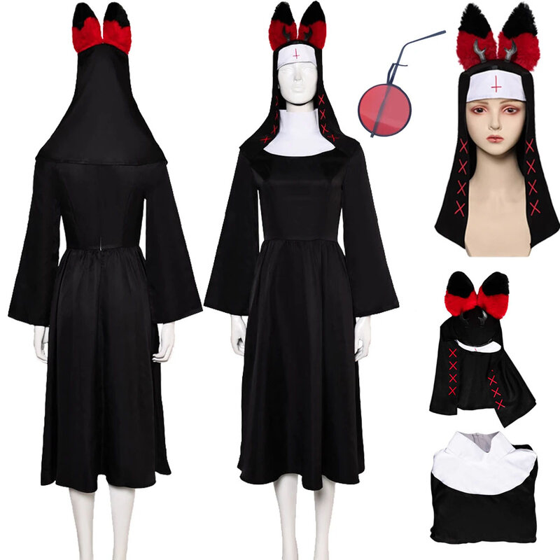 Vrouwen Nun Alastor Cosplay Hoed Gewaad Bril Pakken Anime Hazzbin Cartoon Hotel Kostuum Vermomming Volwassen Vrouwelijke Halloween Outfit