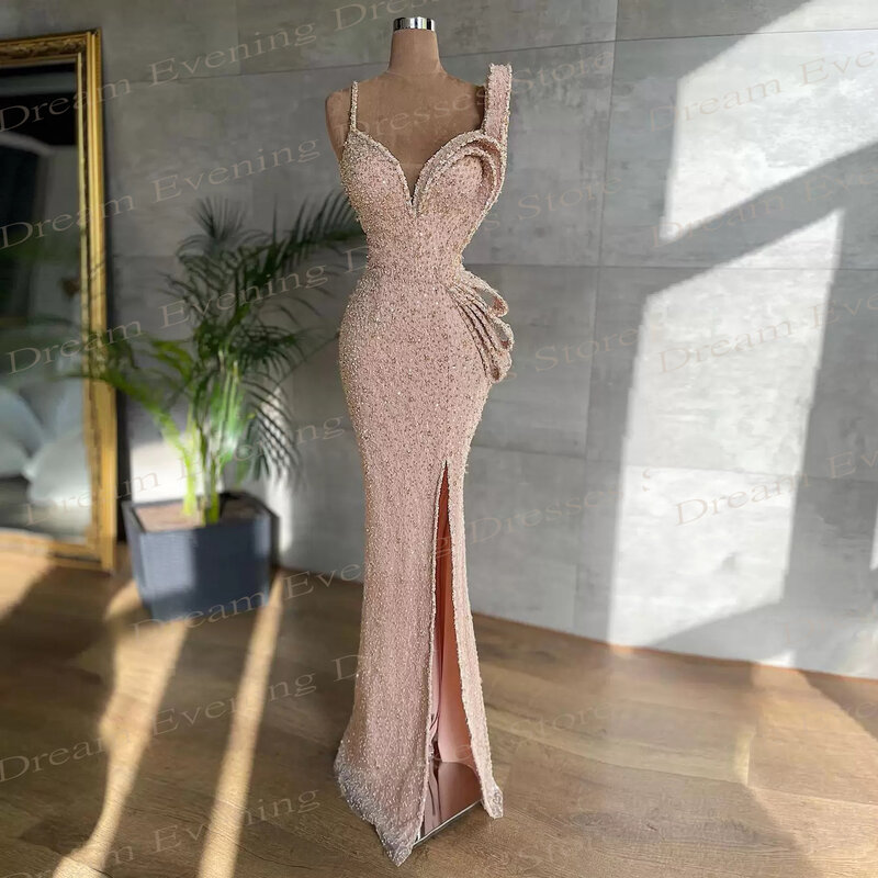 Glitter Pink Mermaid Sweetheart Evening Dresses Fashion Sleeveless Sequin High Slit Prom Gowns Custom Made For Formal Occasion