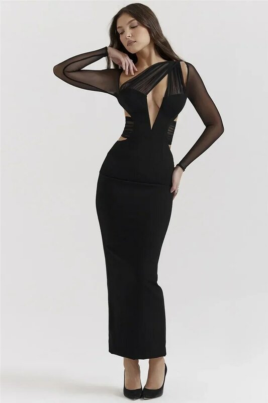 Nowa elegancka sukienka Bodycon z wycięciami seksowna sukienka Maxi dla kobiet z modna siatka rękawem klubowa długa sukienka z nadrukiem CSM7JY23718