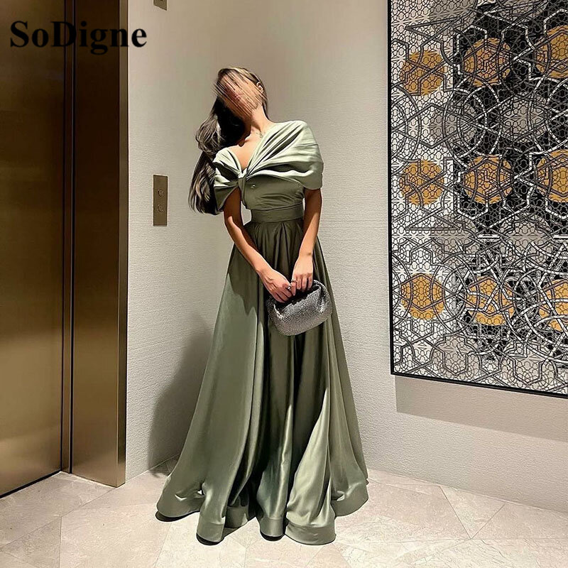 SoDigne Saudi Arabic Women Cap Sleeves Long Prom Dresses Floor Length Evening Gown Dubai Satin Plus Size Formal Dress