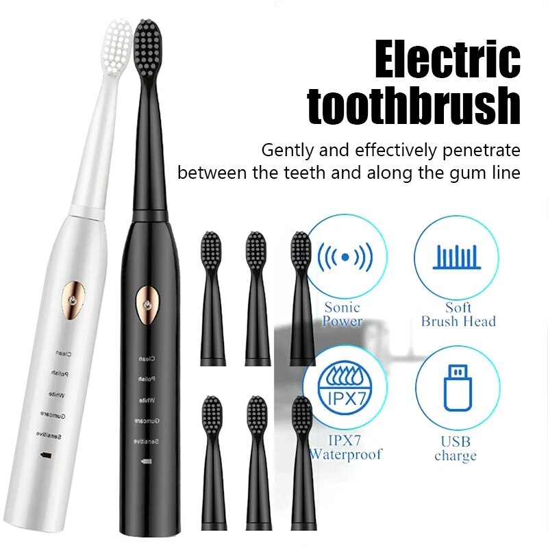 Sikat gigi listrik Sonic ultrasonik, sikat gigi elektrik untuk dewasa dapat diisi ulang, sikat gigi pemutih elektronik yang dapat dicuci, sikat Timer