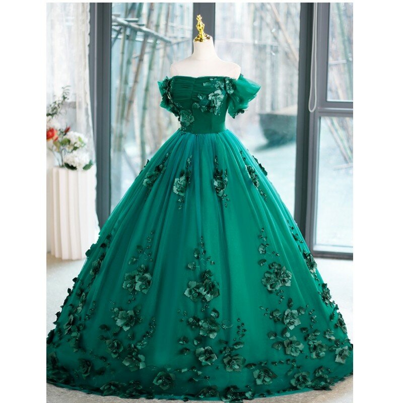 Классическое зеленое платье Quinceanera с открытыми плечами 2023, Платья с цветочным принтом для выпускного вечера, милые элегантные длинные платья на заказ
