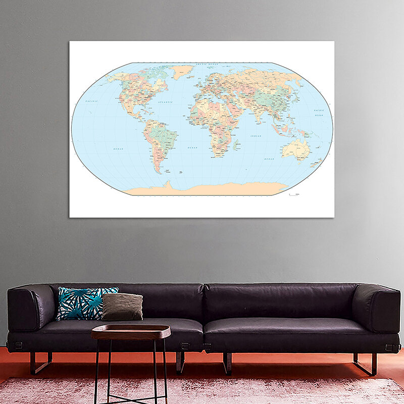 The World Map Mercator Projector แผนที่กันน้ำแบบไม่ทอ150x225ซม. ไม่มีธงประเทศสำหรับการเดินทางและท่องเที่ยว
