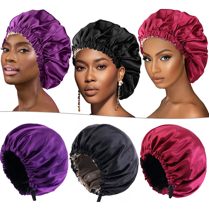 Cuffie per capelli da notte per donna cuffie setose cuffie in raso a doppio strato per regolare la copertura della testa per accessori per lo Styling dei capelli ricci elastici