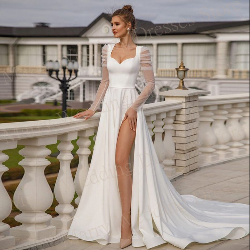 Robe de mariée en satin à manches longues et col carré, robe fendue sur le côté haut, fascinante et élégante, robe de mariée moderne, quelle que soit la mariée