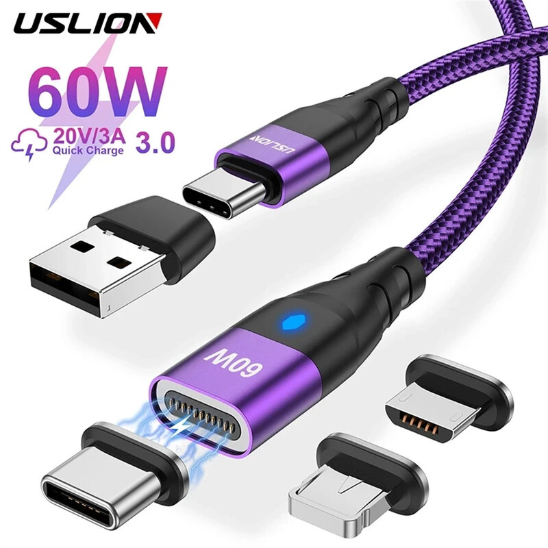 USLION-Câble Micro Magnétique USB Type-C PD 60W pour Recharge Rapide et Transfert de Données, Cordon de Chargeur 3A pour iPhone 13, Macbook, Huawei, Samsung S22