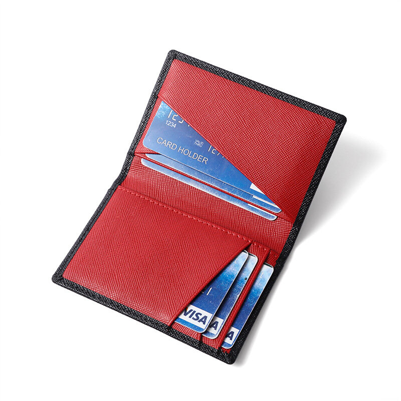 남성용 럭셔리 RFID 바이폴드 소형 카드 지갑, 대비색 슬림 크로스 패턴, 정품 가죽 신용카드 홀더