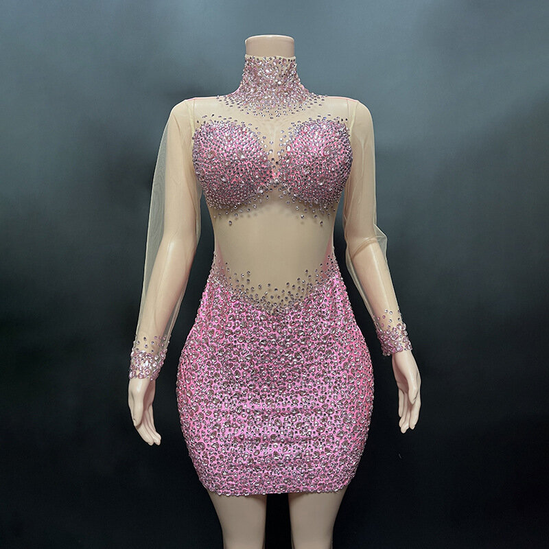Блестящее Серебряное платье с блестками и кристаллами, сексуальное прозрачное женское роскошное вечернее платье с длинным рукавом для дня рождения, короткое платье для шоу певицы