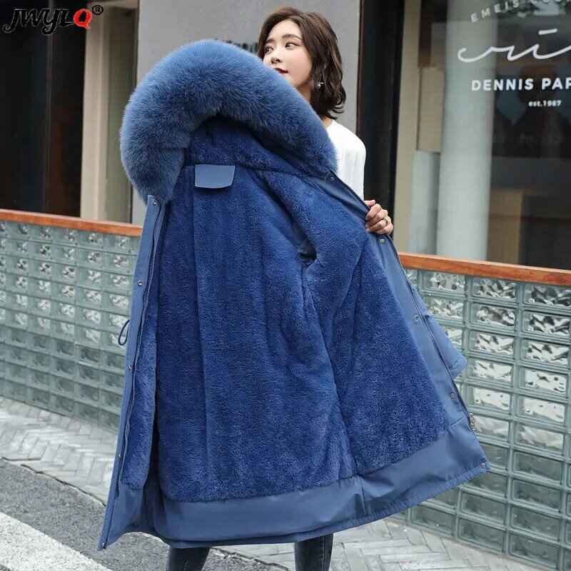 Jaket Hoodie kerah bulu ukuran besar, jaket parka pakaian salju kasual, jaket garis wol hangat model Korea, mantel panjang 6xl, kerah bulu bertudung Musim Dingin 2023