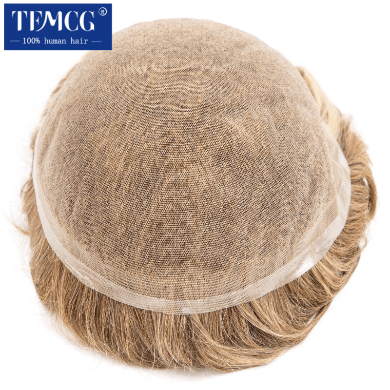 Tupecik dla mężczyzn pełna koronkowa 100% naturalna tupecik z ludzkich włosów męska peruka oddychająca męska proteza System wymiany peruki dla mężczyzn