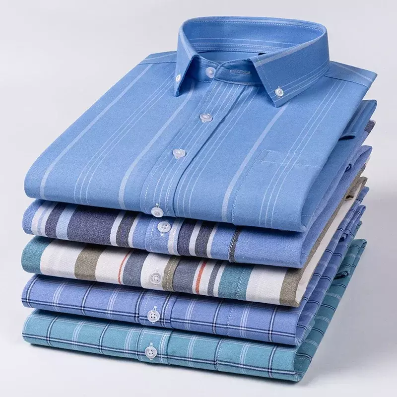 Camisas de manga longa masculinas, slim fit, camisa lisa formal, xadrez listrado, bolso com slingle, tops, roupas, primavera, outono
