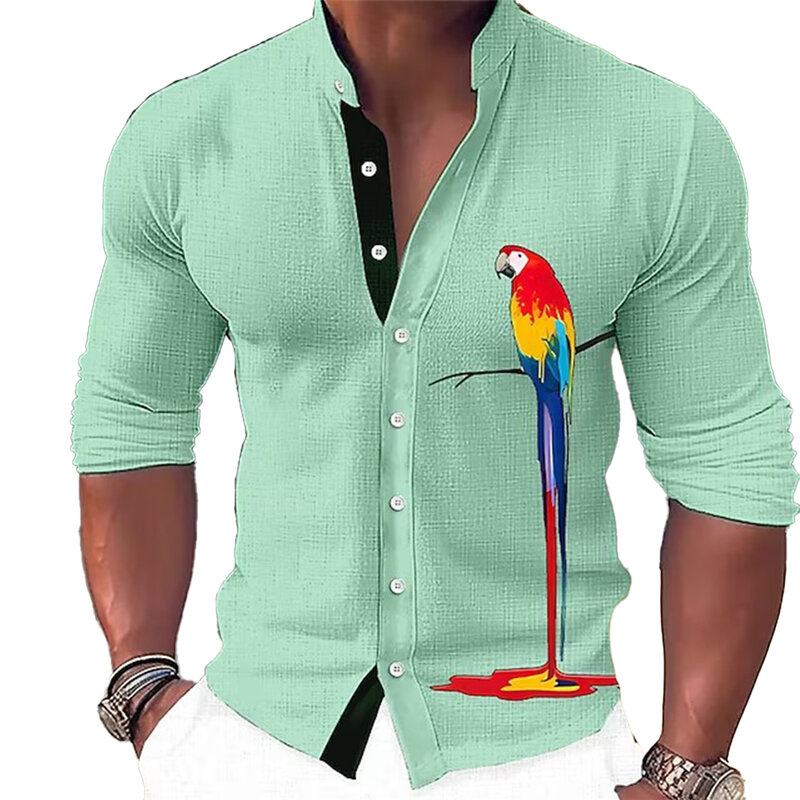 Camisa de manga longa com estampa papagaio masculina, design simples, top macio e confortável em tecido, alta definição, nova moda, 2024