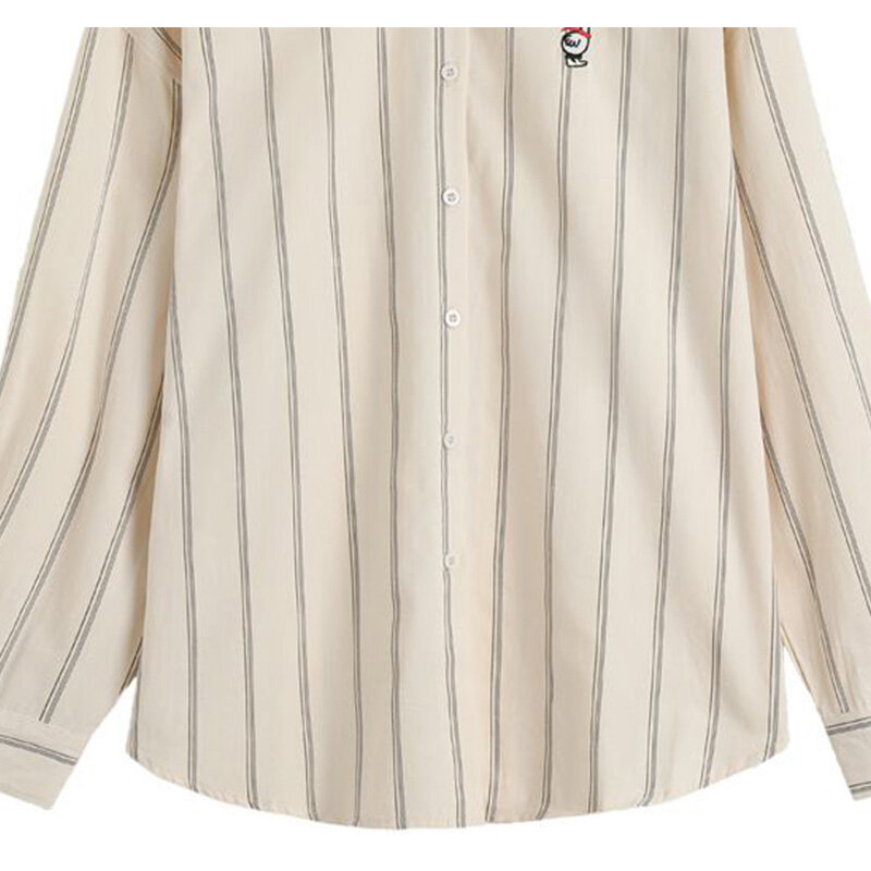Женская рубашка с высокой талией, Элегантная Модная рубашка в Корейском стиле ретро с вышивкой в полоску, лацканами и длинными рукавами, шикарные топы Y2K, Новинка лета 2024