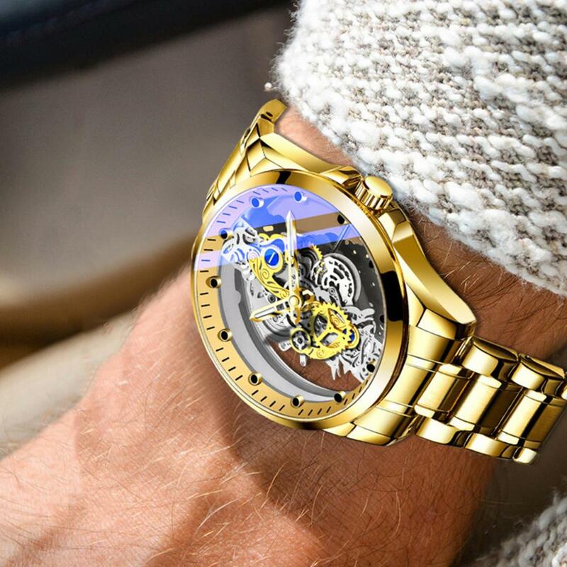Relógio de pulso masculino impermeável, mostrador redondo luminoso, esqueleto dourado oco, relógio de quartzo vintage, ponteiro Design, luxo