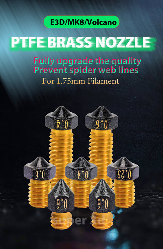 1/2/5PCS MK8/E3D/Volcano kuningan PTFE Nozzle dilapisi Non Stick filamen 0.2/0.3/0.4/0.6/0.8/1.0mm 3D Printer Ender 3 envio gratis
