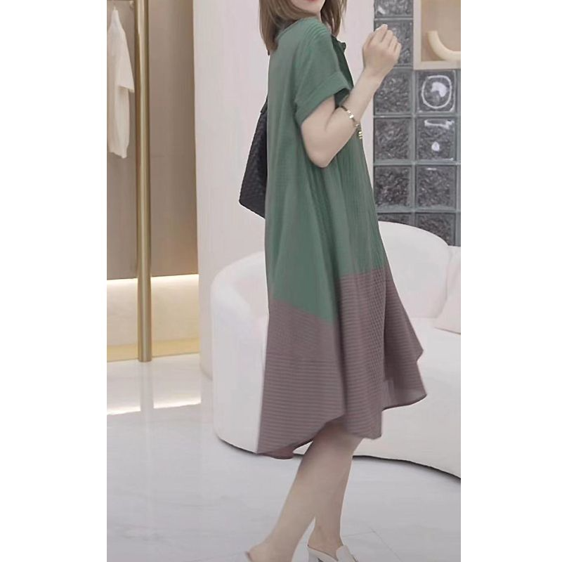 Frauen Sommer neue Polo Kragen Pullover Kleid Mode einfache Gitter Knopf Tasche Panel lose vielseitige Kurzarm A-Linie Rock