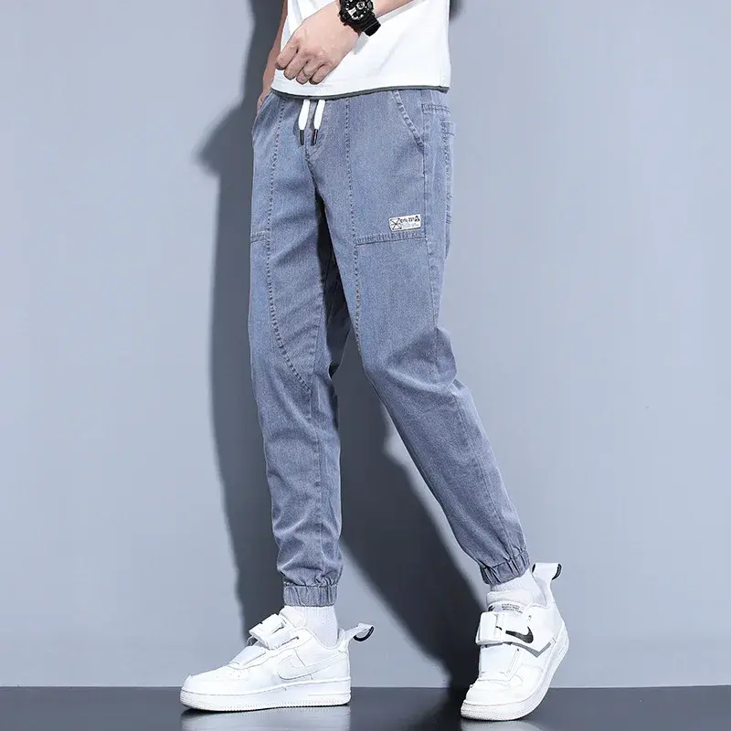 Jeans Celana Terbuka Celana Kerja Berpita Pergelangan Kaki Longgar Tebal Berlapis Bulu Domba Musim Gugur/Musim Dingin Pria Celana Kasual Harem