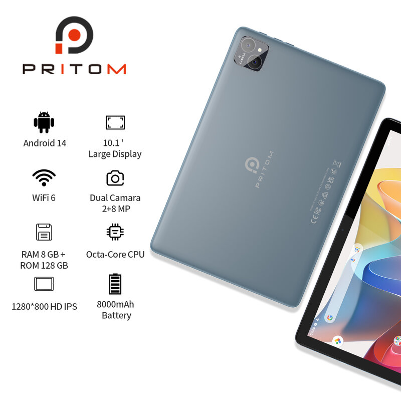 PRITOM-Tablet TAB11 Android 14 DE 10 pulgadas, 8GB(4 + 4 expandible), RAM + 128GB ROM, ocho núcleos, WiFi 5G, con teclado, ratón, funda