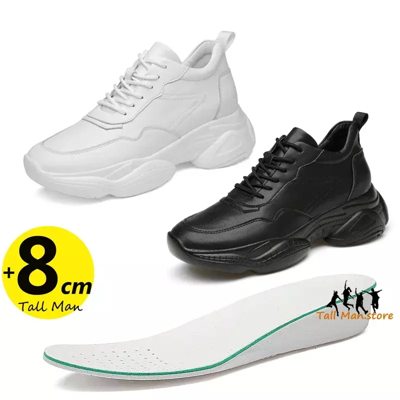 Zapatos de elevación para hombre, plantilla de aumento de 8cm, color blanco y negro, 36-44 talla grande, cuero transpirable