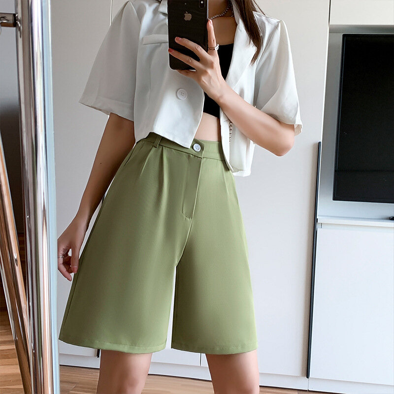 PERITANG letnie szorty damskie 2024 na co dzień luźna szeroka nogawki do kolan damskie koreańskie modne etui biurowe krótkie spodnie