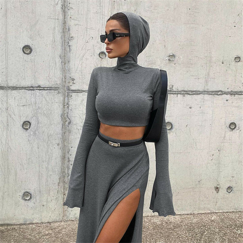 Women's Two Piece Set Short Hooded Top With High Waist And Side Slit Skirt, 2024 Spring And Autumn New Set For Women