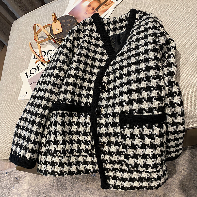 Biurowa dama w Houndstooth płaszcz w stylu Vintage 2023 jesienno-zimowa mieszanka wełny koreańska tweedowa kurtka Plus rozmiar jednorzędowa luźna odzież